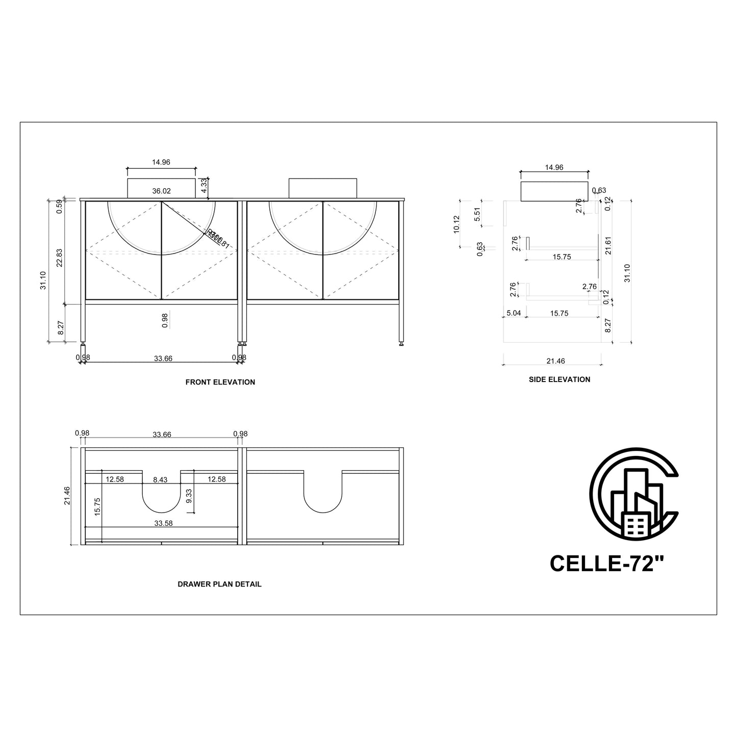 Celle 72" Freestanding Bathroom Vanity with Premium Grade ATH Matte Solid Surface Top and Vessel Sinks