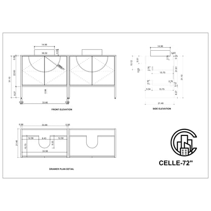 Celle 72" Freestanding Bathroom Vanity with Premium Grade ATH Matte Solid Surface Top and Vessel Sinks