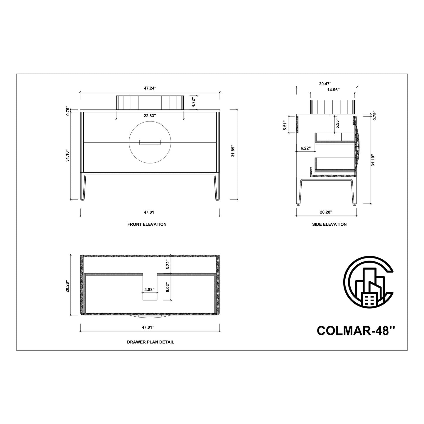 Colmar 48" Freestanding Bathroom Vanity with Premium Grade ATH Matte Solid Surface Top and Vessel Sink