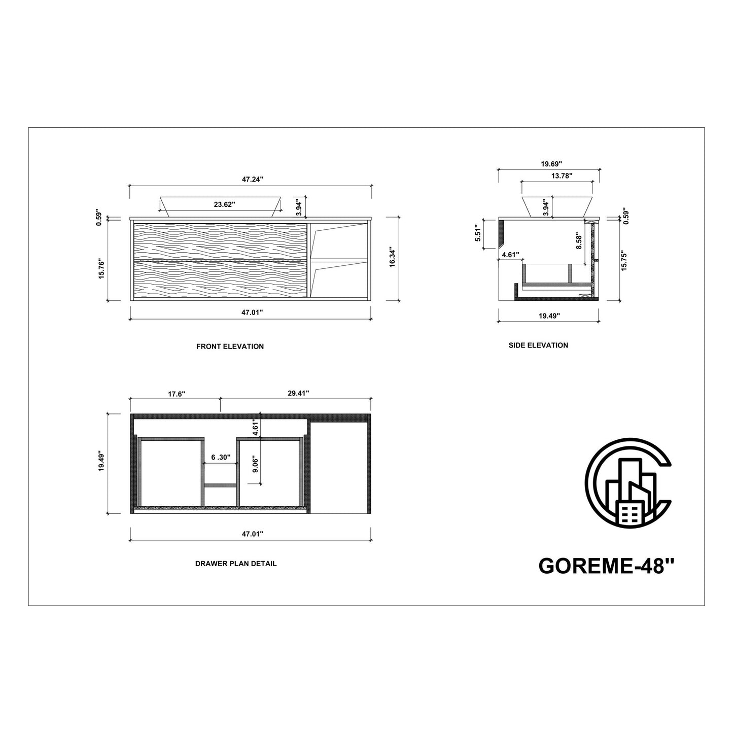 Goreme 48" Wall Mounted Bathroom Vanity with Premium Grade ATH Matte Solid Surface Top and Vessel Sink