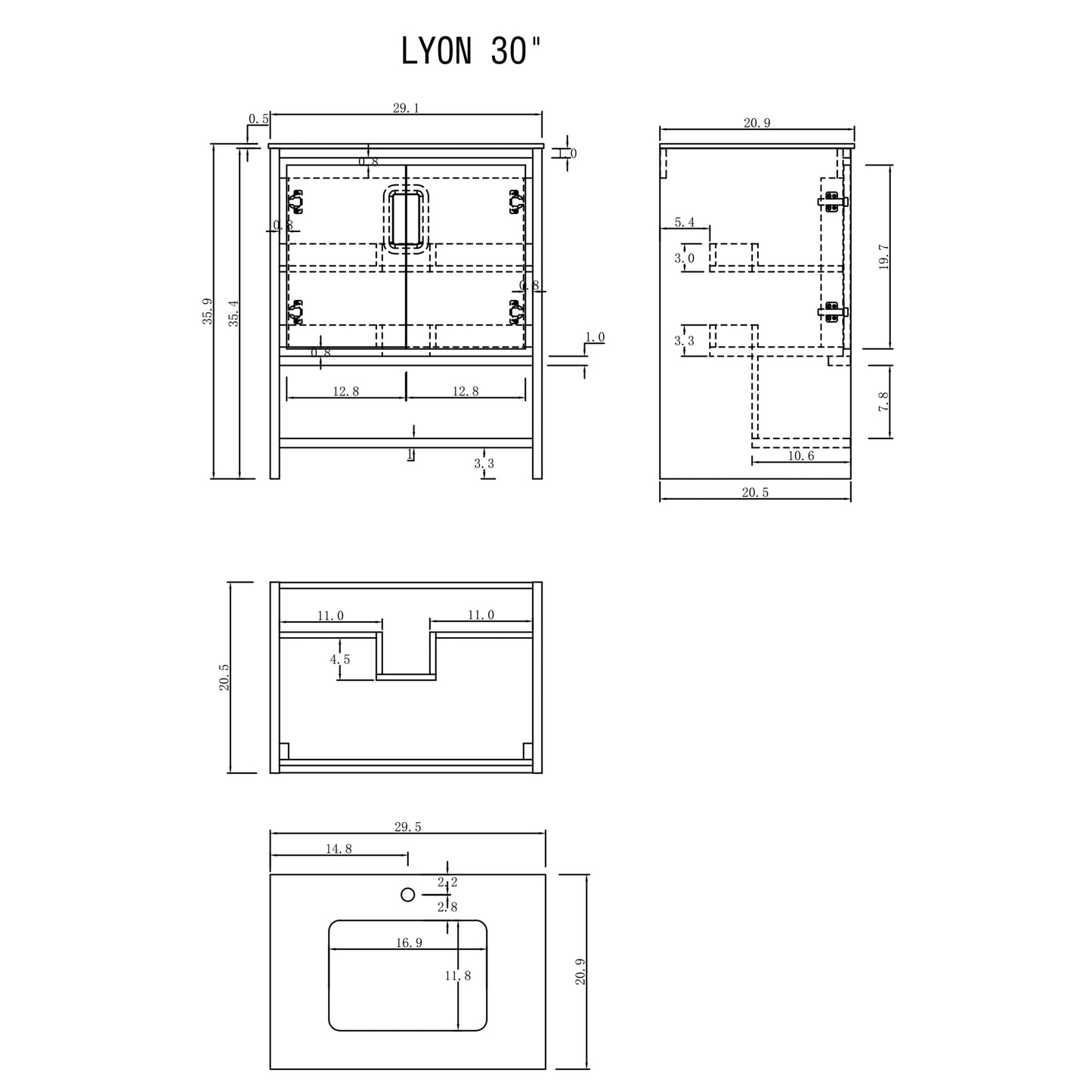 Lyon 30" Freestanding Bathroom Vanity with White Sintered Stone Top and Ceramic Undermount Sink