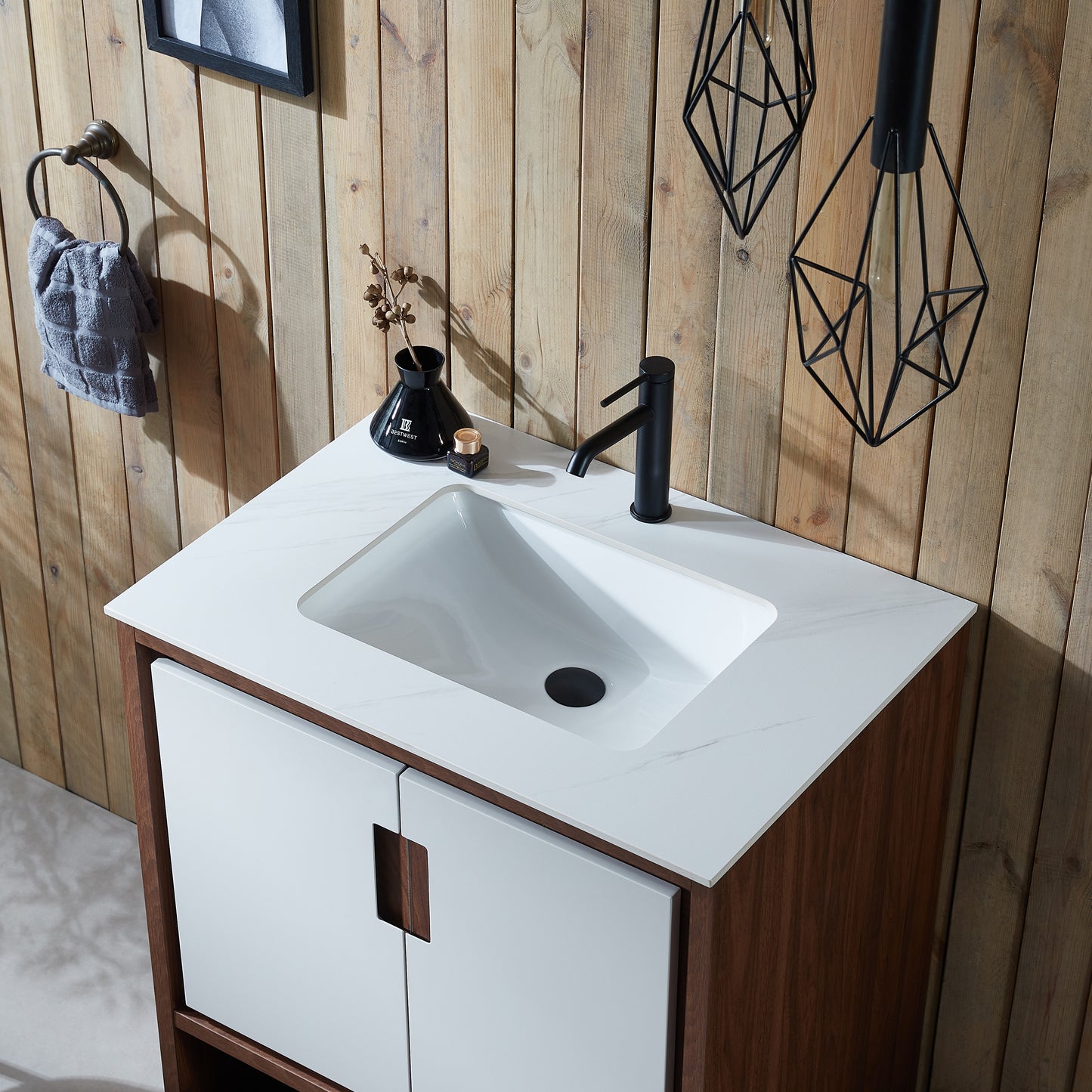 Lyon 30" Freestanding Bathroom Vanity with White Sintered Stone Top and Ceramic Undermount Sink