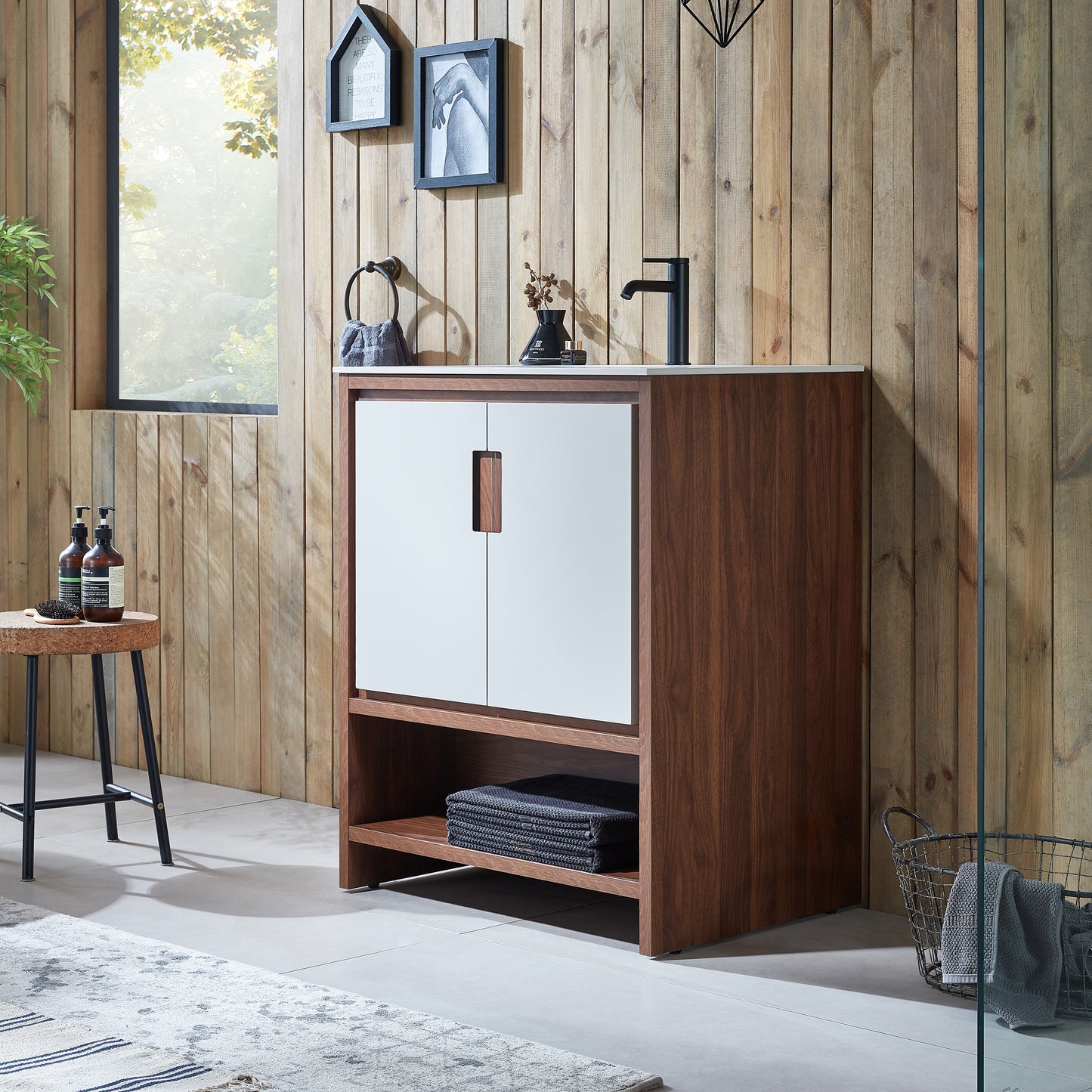 Lyon 30" Freestanding Bathroom Vanity with White Sintered Stone Top and Ceramic Undermount Sink