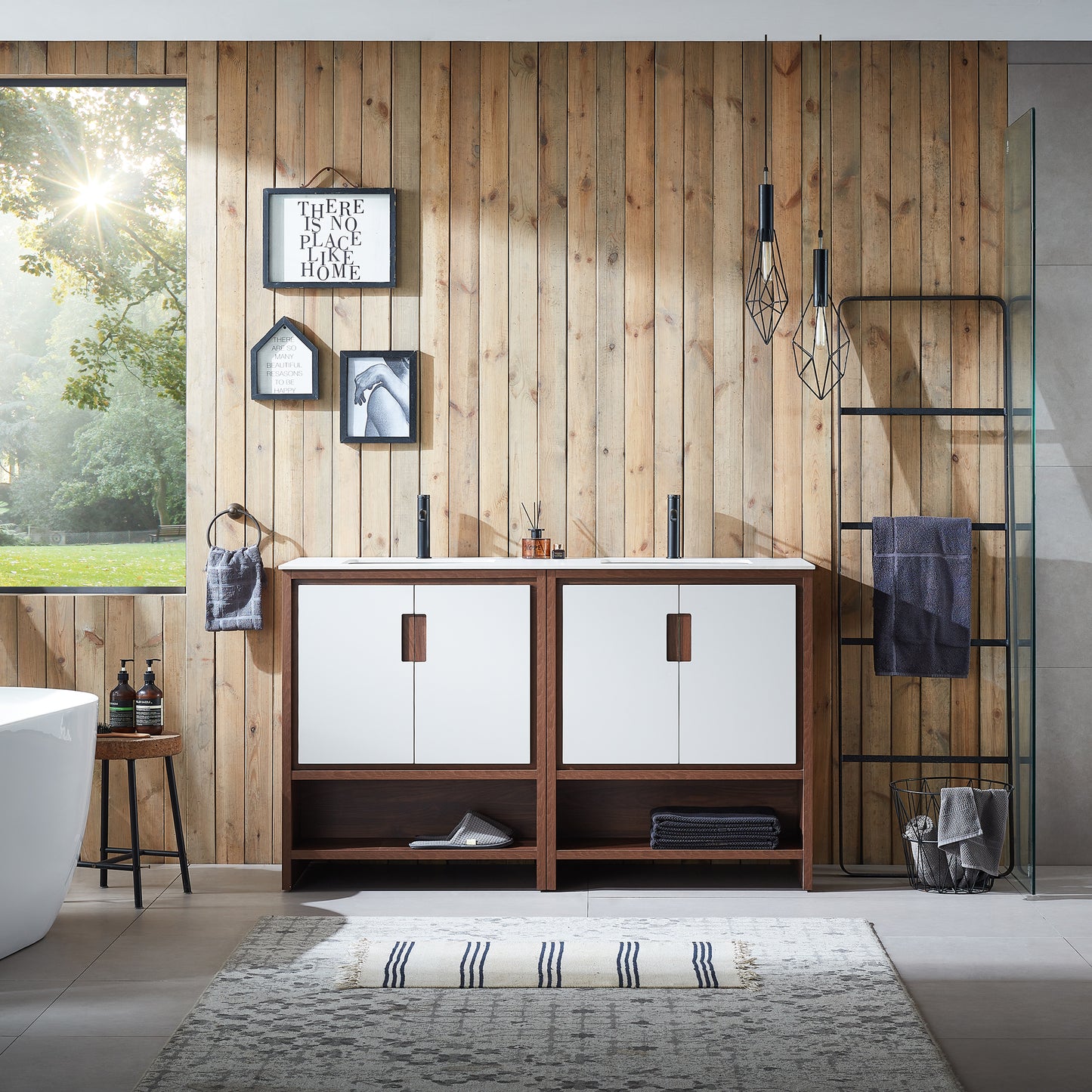 Lyon 60" Freestanding Bathroom Vanity with White Sintered Stone Top and Ceramic Undermount Sinks