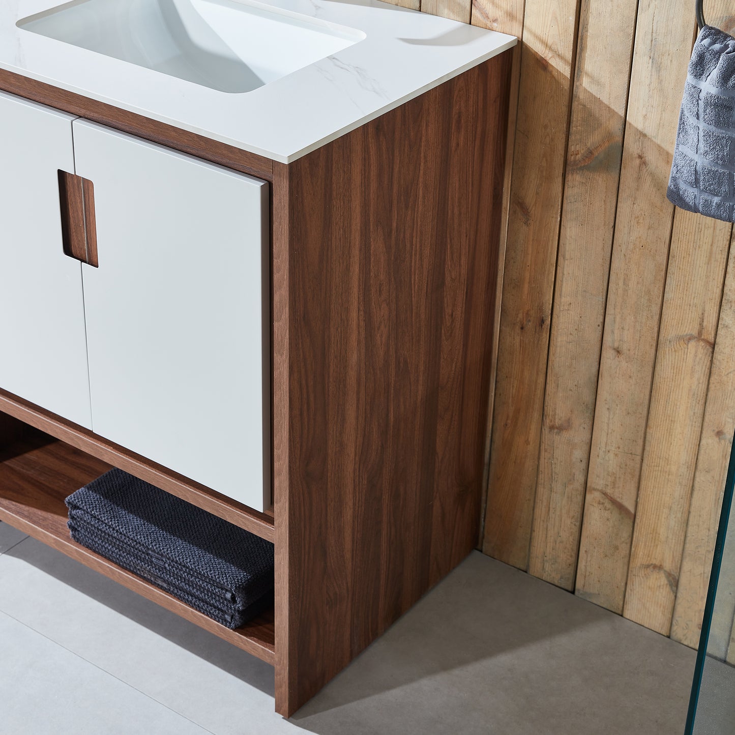 Lyon 60" Freestanding Bathroom Vanity with White Sintered Stone Top and Ceramic Undermount Sinks