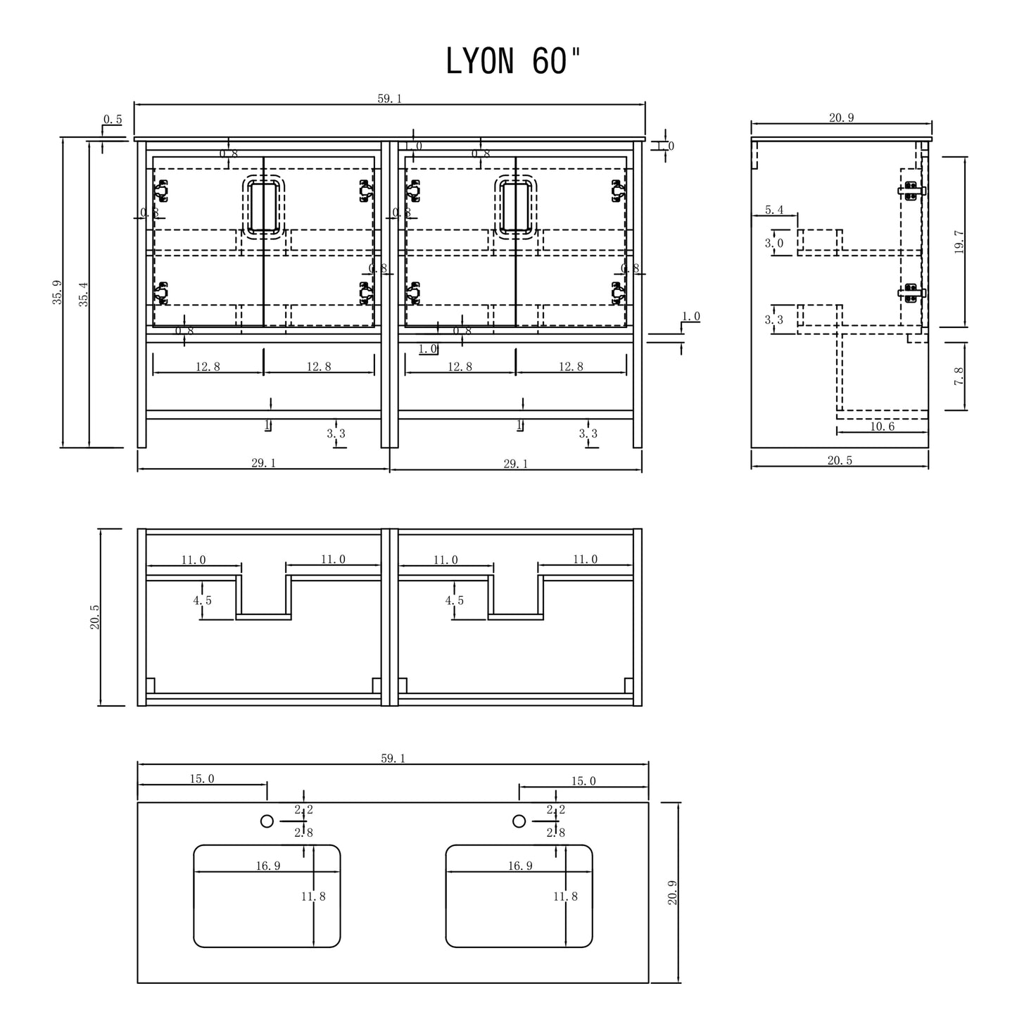 Lyon 60" Freestanding Bathroom Vanity with White Sintered Stone Top and Ceramic Undermount Sinks