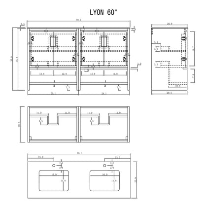 Lyon 60" Freestanding Bathroom Vanity with White Sintered Stone Top and Ceramic Undermount Sinks