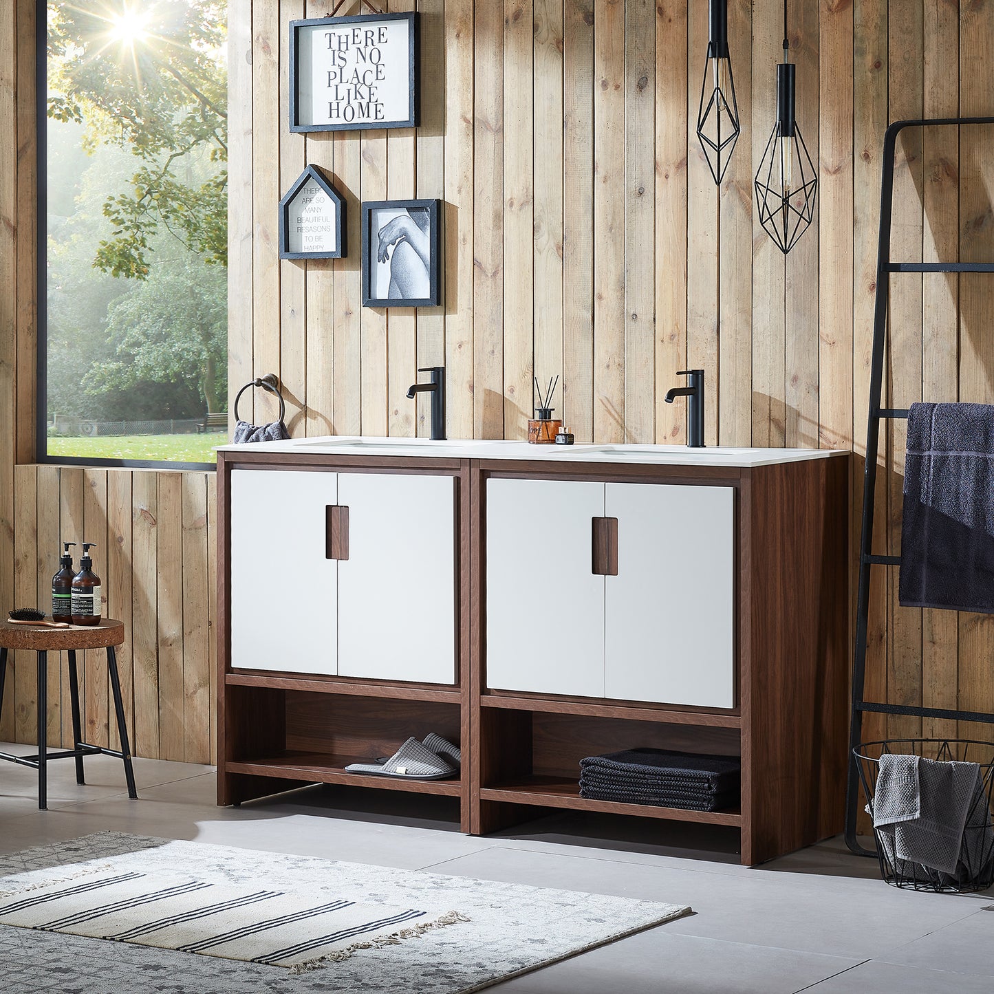 Lyon 60" Freestanding Bathroom Vanity with White Sintered Stone Top and Ceramic Undermount Sinks