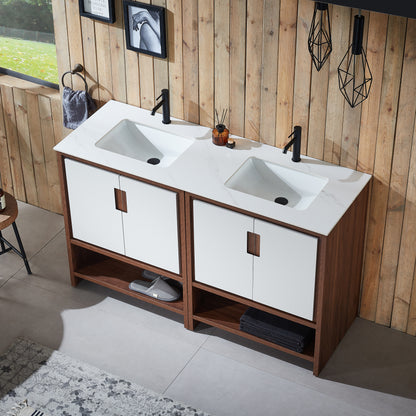 Lyon 60" Freestanding Bathroom Vanity with White Sintered Stone Top and Ceramic Undermount Sinks