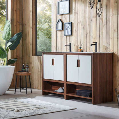 Lyon 60" Freestanding Bathroom Vanity with White Sintered Stone Top and Ceramic Undermount Sinks