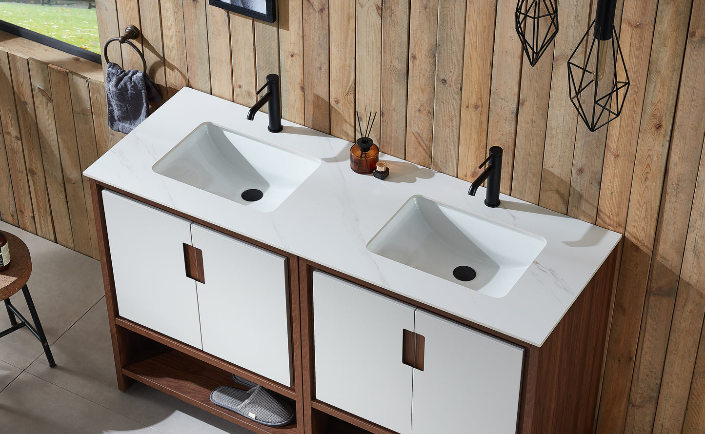 Lyon 60" Freestanding Bathroom Vanity with White Sintered Stone Top and Ceramic Undermount Sinks