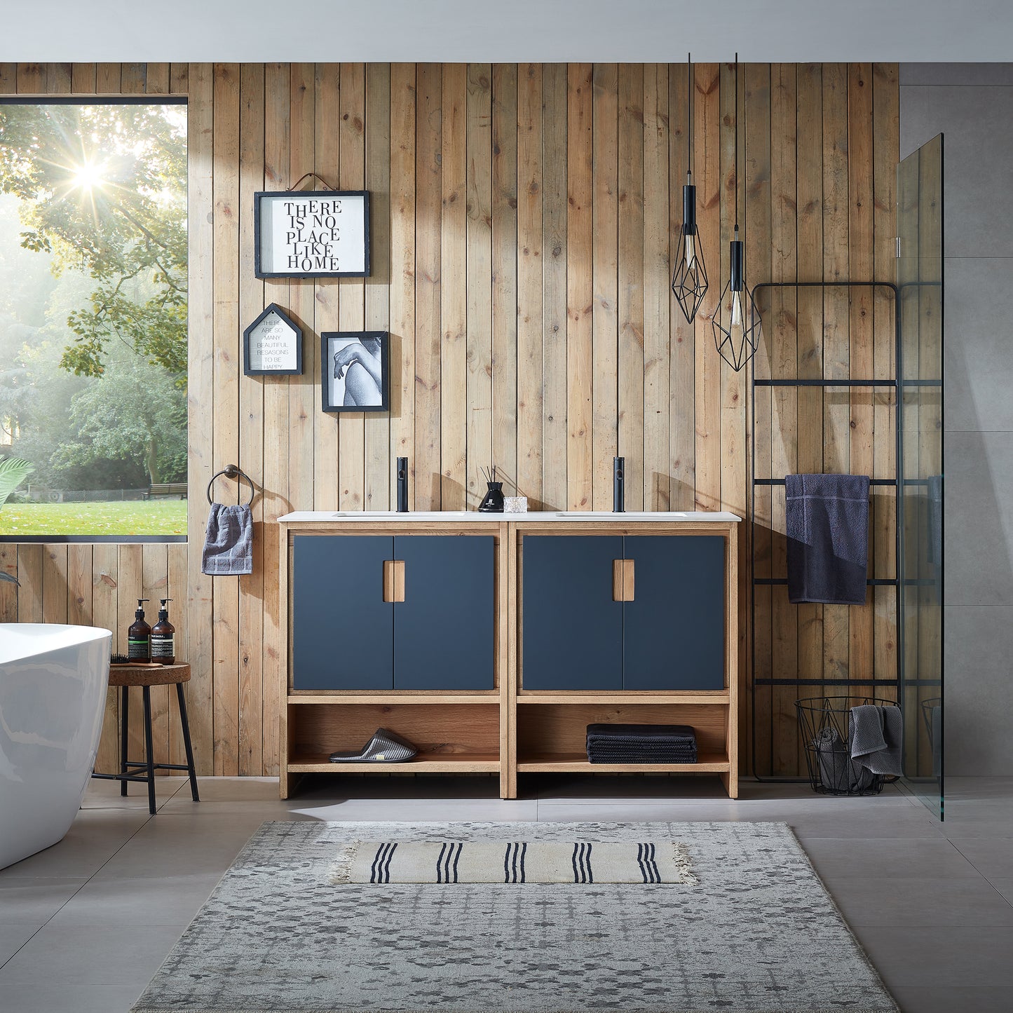 Lyon 60" Freestanding Bathroom Vanity with White Sintered Stone Top and Ceramic Undermount Sinks