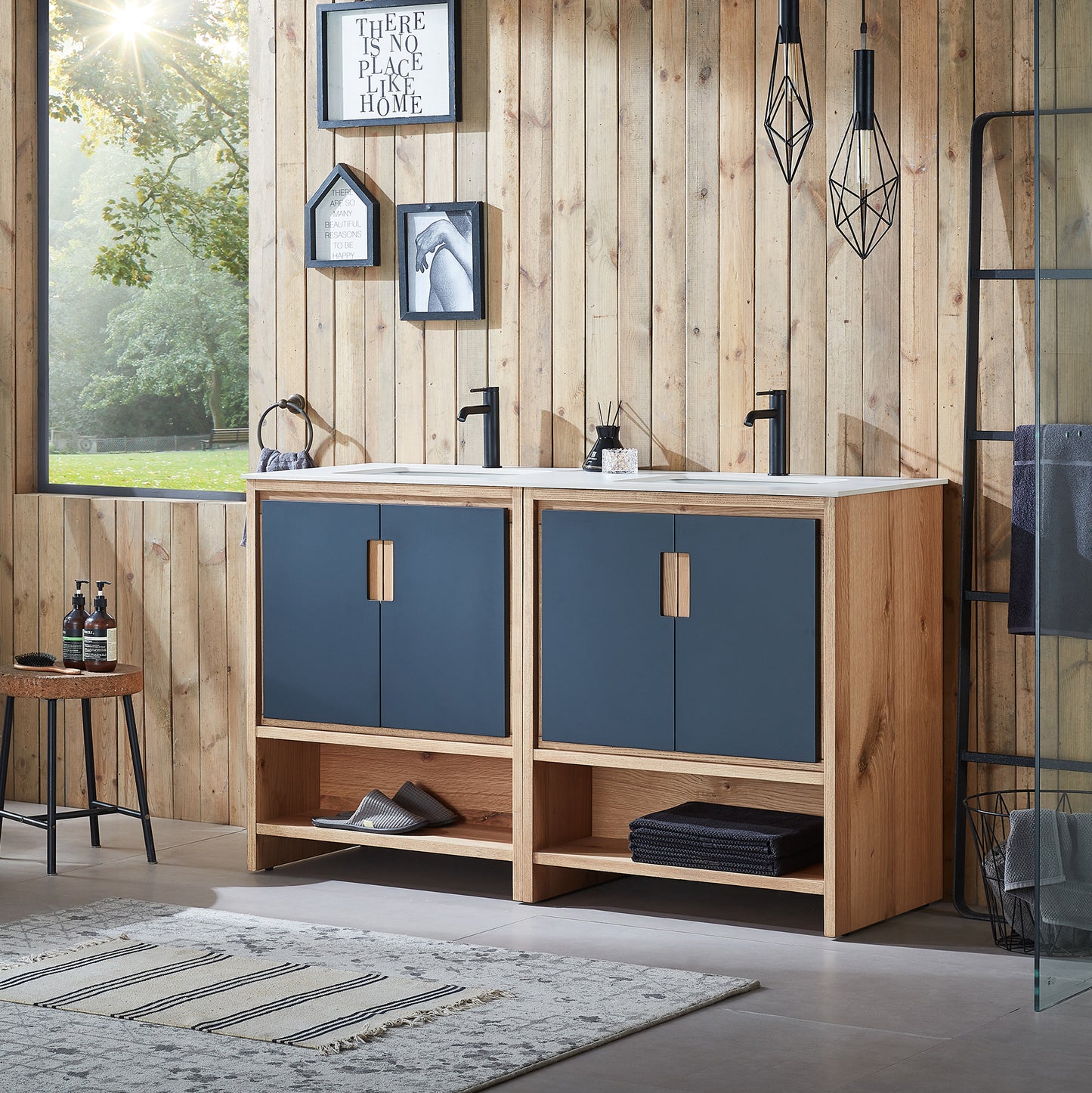 Lyon 60" Freestanding Bathroom Vanity with White Sintered Stone Top and Ceramic Undermount Sinks