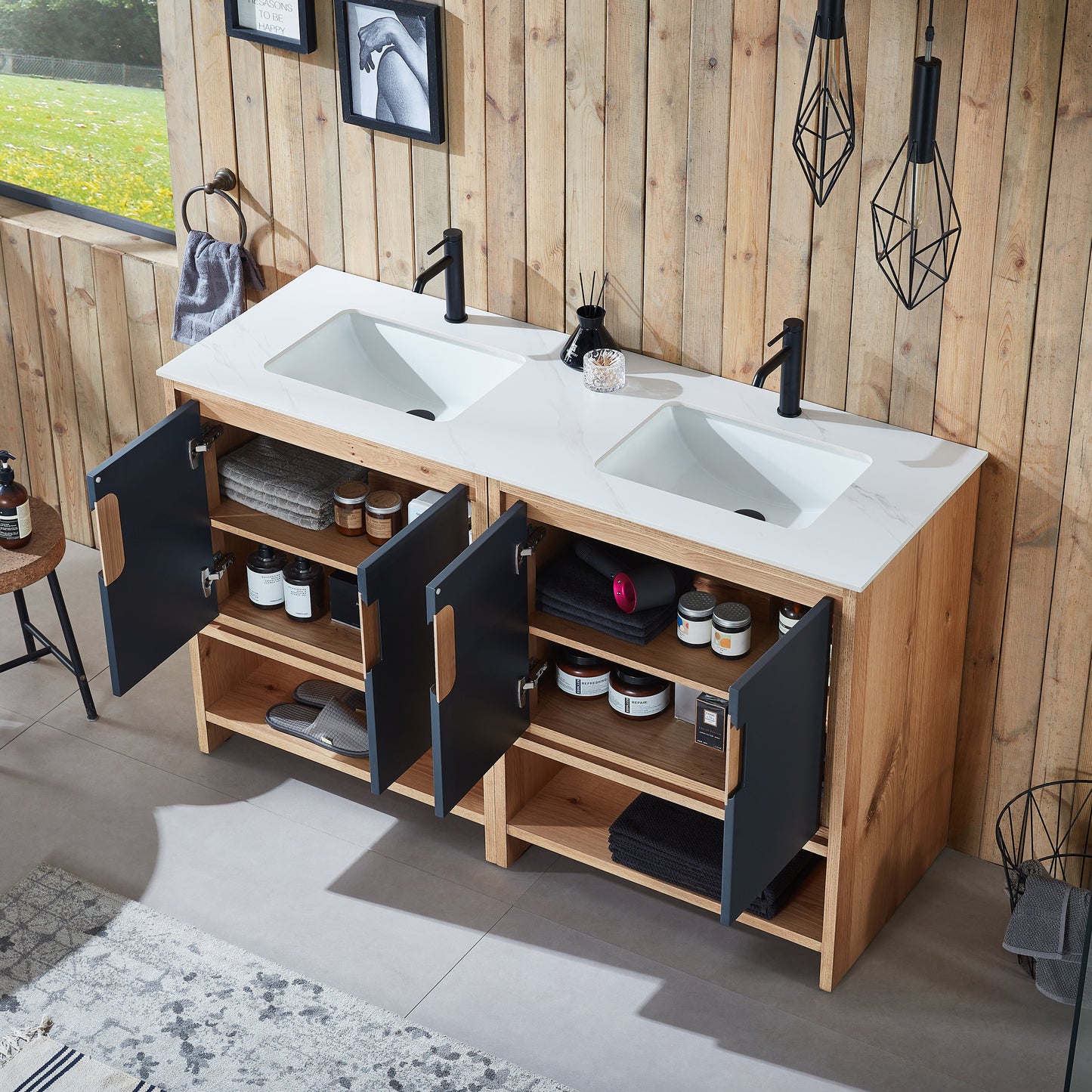 Lyon 60" Freestanding Bathroom Vanity with White Sintered Stone Top and Ceramic Undermount Sinks