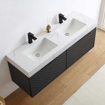 Manarola 60" Wall Mounted Bathroom Vanity with Quartz Top and Cermic Undermount Sinks