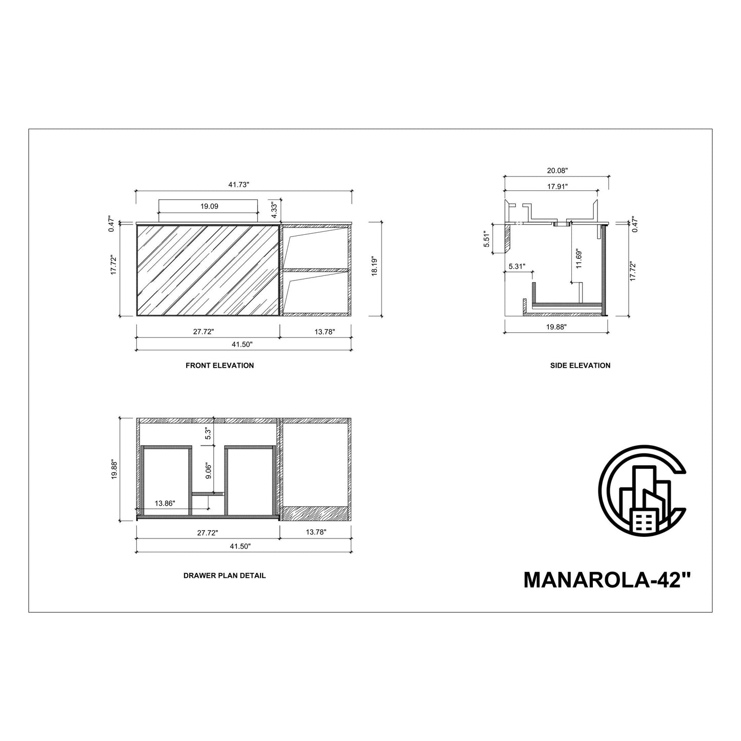 Manarola Open Shelf 42" Wall Mounted Bathroom Vanity with Premium Grade ATH Matte Solid Surface Top and Vessel Sink