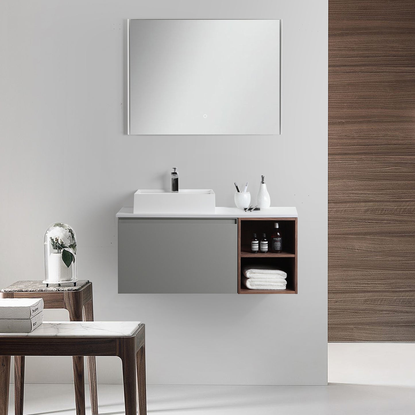 Manarola Open Shelf 42" Wall Mounted Bathroom Vanity with Premium Grade ATH Matte Solid Surface Top and Vessel Sink