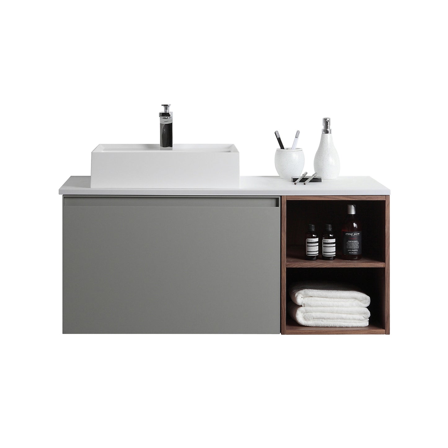 Manarola Open Shelf 42" Wall Mounted Bathroom Vanity with Premium Grade ATH Matte Solid Surface Top and Vessel Sink