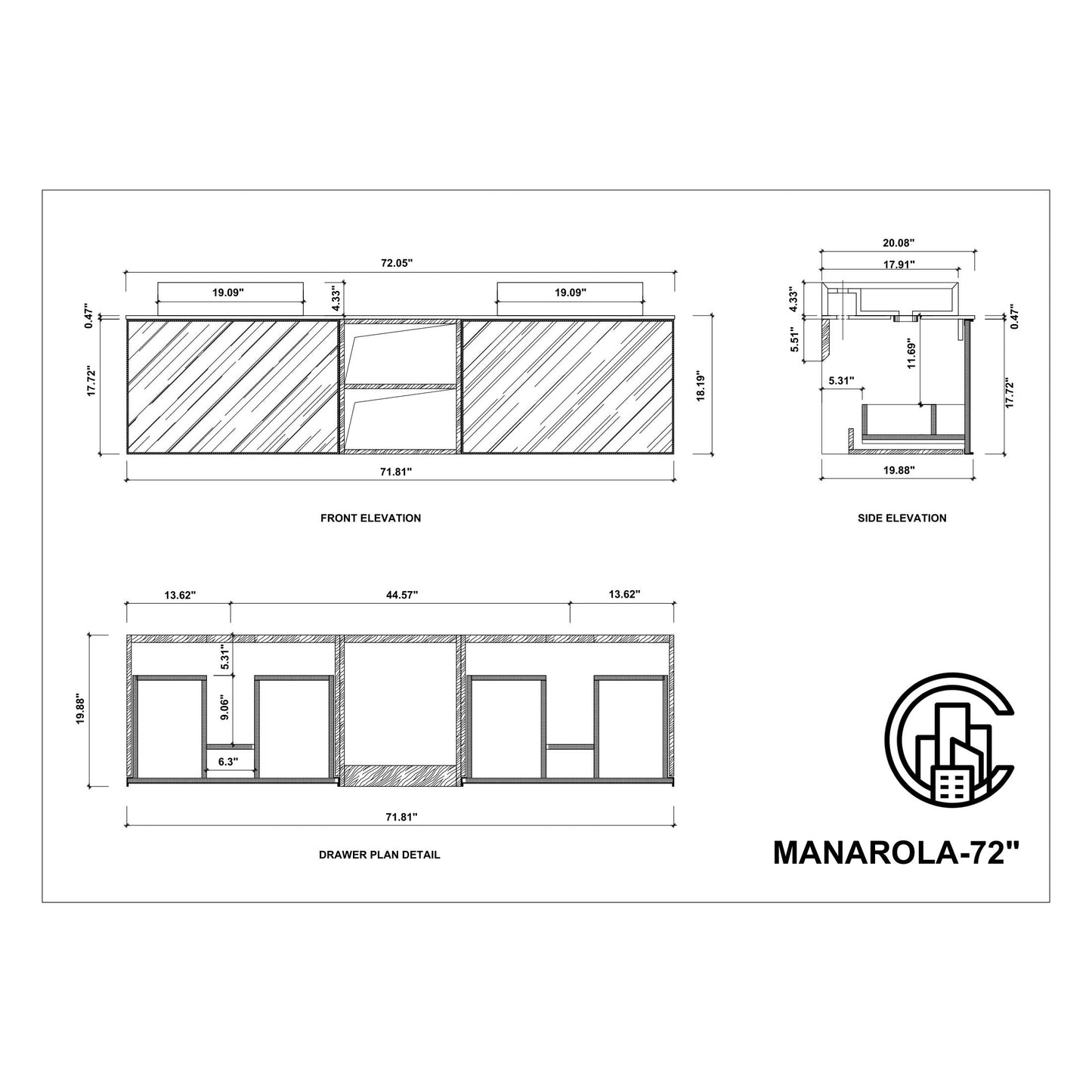 Manarola Open Shelf 72" Wall Mounted Bathroom Vanity with Premium Grade ATH Matte Solid Surface Top and Vessel Sinks