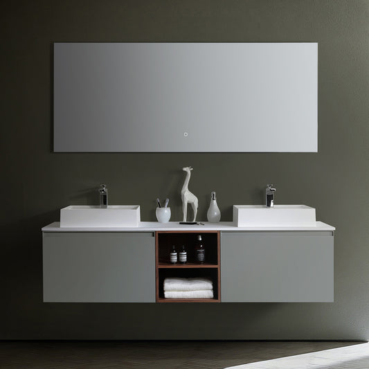 Manarola Open Shelf 72" Wall Mounted Bathroom Vanity with Premium Grade ATH Matte Solid Surface Top and Vessel Sinks