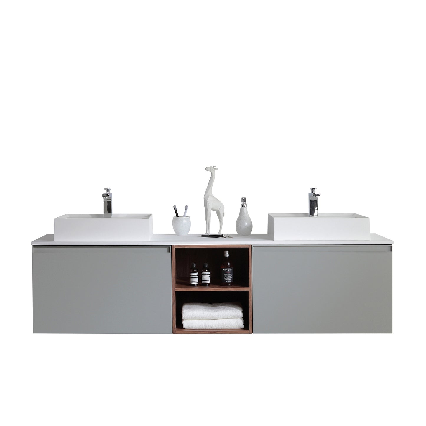 Manarola Open Shelf 72" Wall Mounted Bathroom Vanity with Premium Grade ATH Matte Solid Surface Top and Vessel Sinks