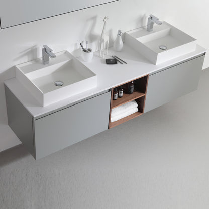 Manarola Open Shelf 72" Wall Mounted Bathroom Vanity with Premium Grade ATH Matte Solid Surface Top and Vessel Sinks