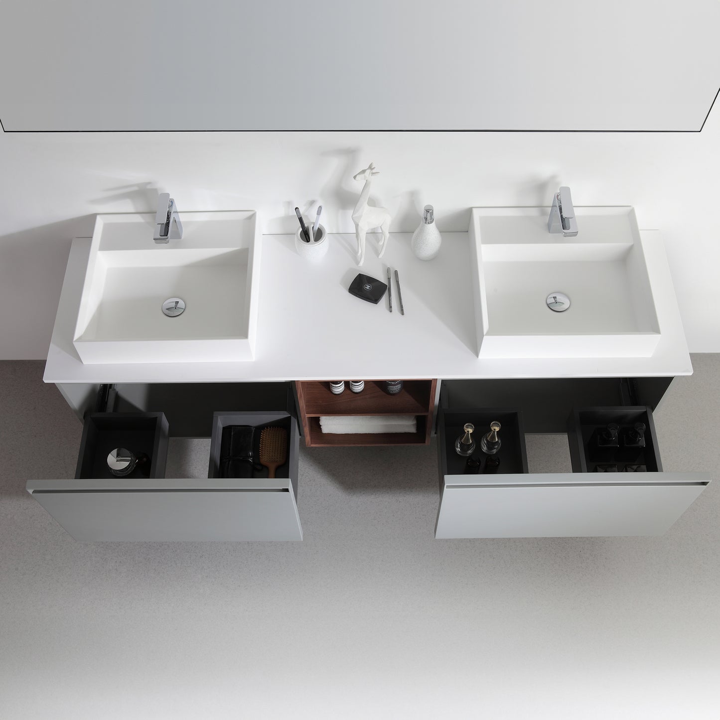 Manarola Open Shelf 72" Wall Mounted Bathroom Vanity with Premium Grade ATH Matte Solid Surface Top and Vessel Sinks