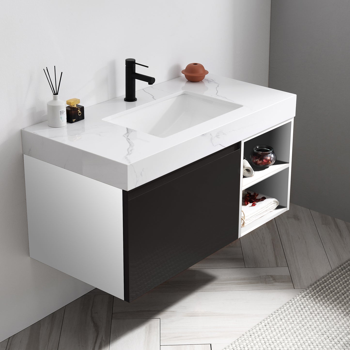 Manarola Open Shelf 42" Wall Mounted Bathroom Vanity with Quartz Top and Cermic Undermount Sink