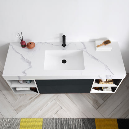 Manarola Open Shelf 60" Wall Mounted Bathroom Vanity with Quartz Top and Cermic Undermount Sinks