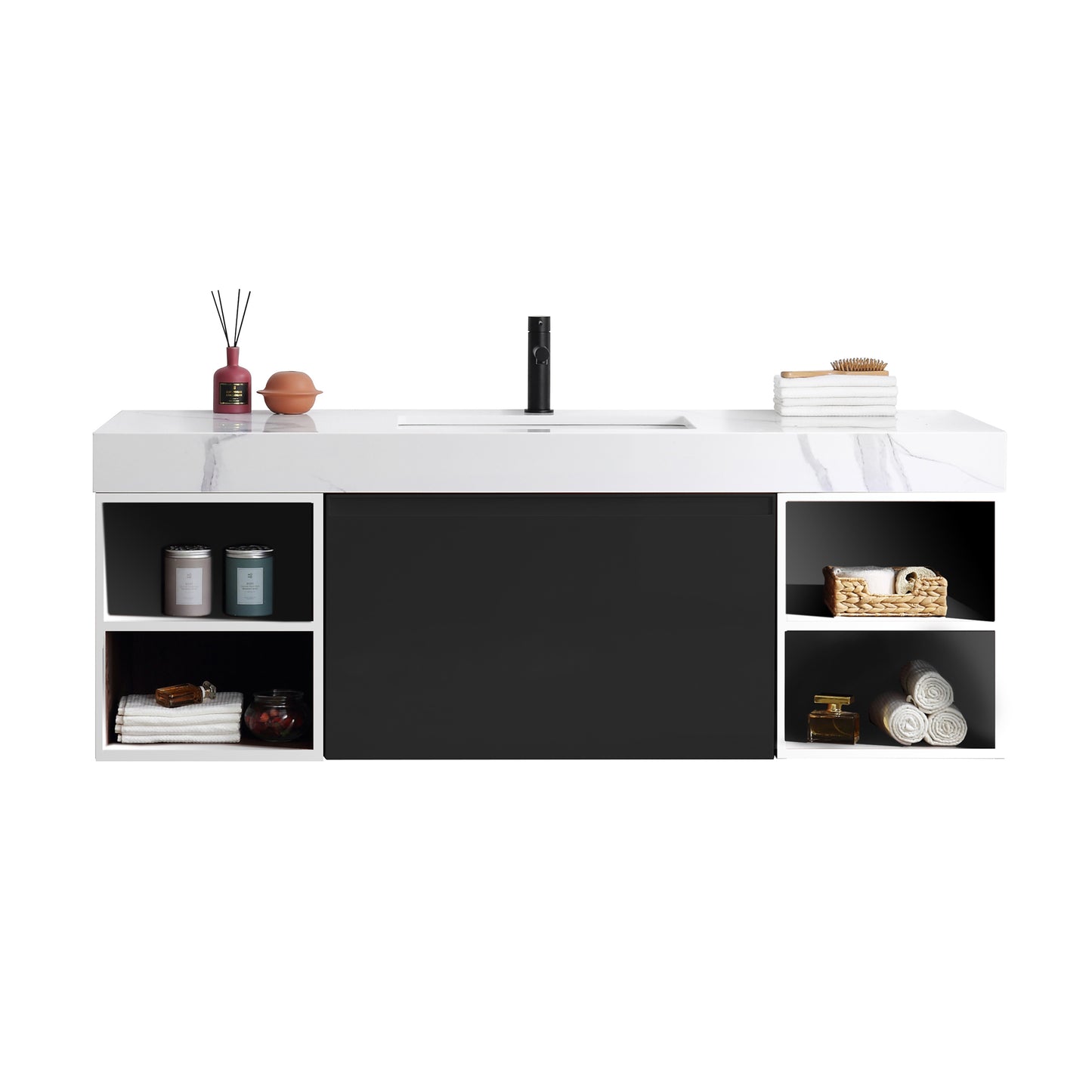 Manarola Open Shelf 60" Wall Mounted Bathroom Vanity with Quartz Top and Cermic Undermount Sinks