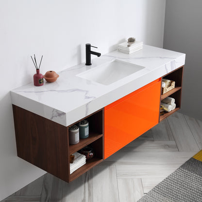 Manarola Open Shelf 60" Wall Mounted Bathroom Vanity with Quartz Top and Cermic Undermount Sinks