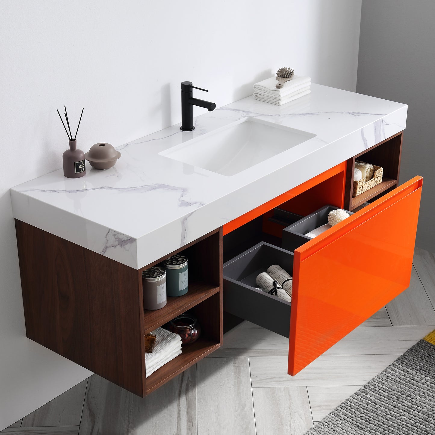 Manarola Open Shelf 60" Wall Mounted Bathroom Vanity with Quartz Top and Cermic Undermount Sinks