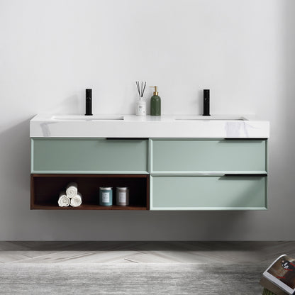 Marfa 60" Wall Mounted Bathroom Vanity with Quartz Top and Cermic Undermount Sinks