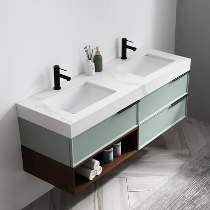 Marfa 60" Wall Mounted Bathroom Vanity with Quartz Top and Cermic Undermount Sinks