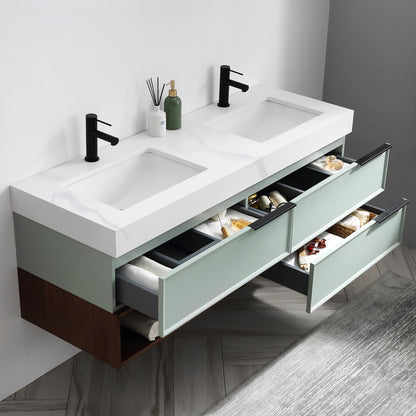 Marfa 60" Wall Mounted Bathroom Vanity with Quartz Top and Cermic Undermount Sinks