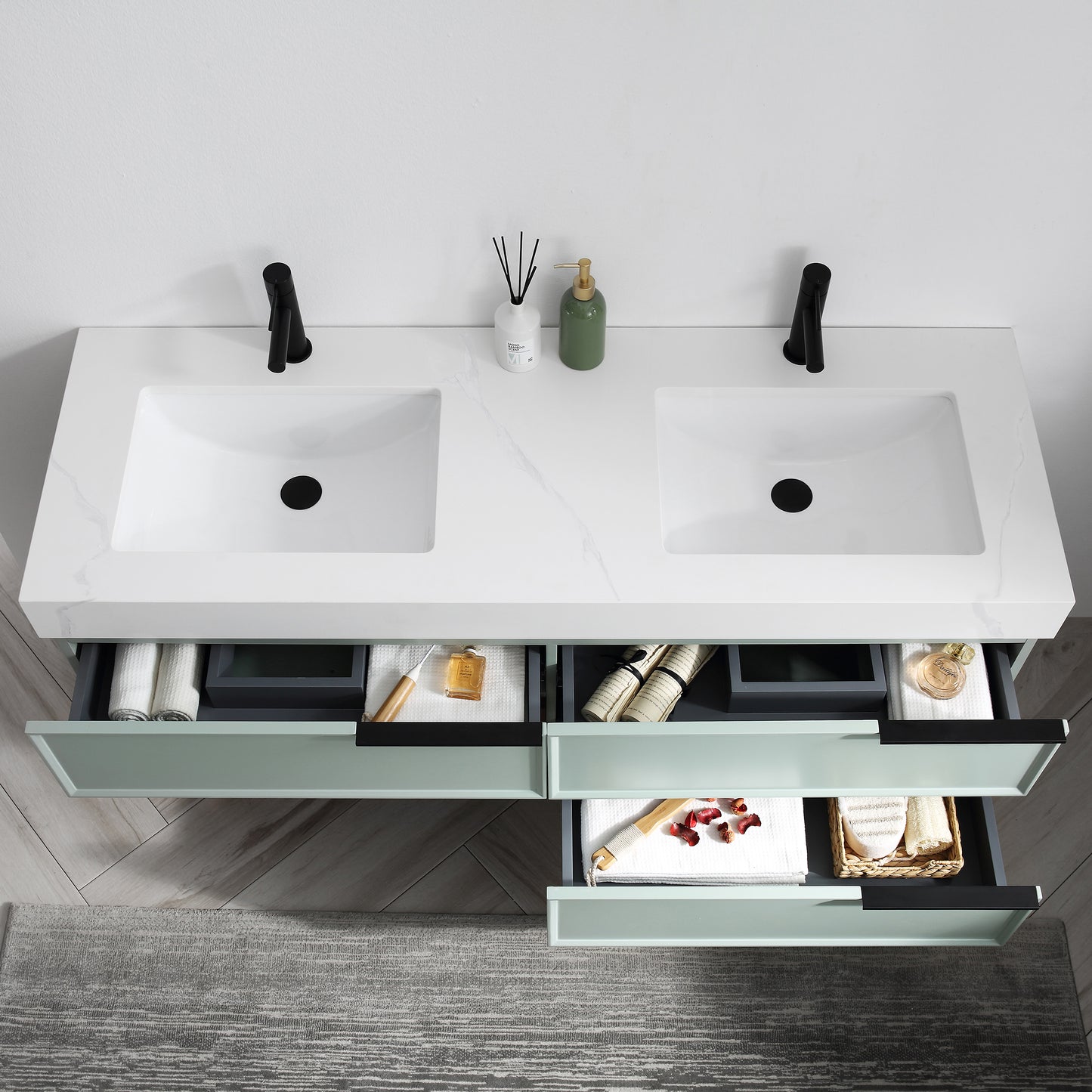 Marfa 60" Wall Mounted Bathroom Vanity with Quartz Top and Cermic Undermount Sinks