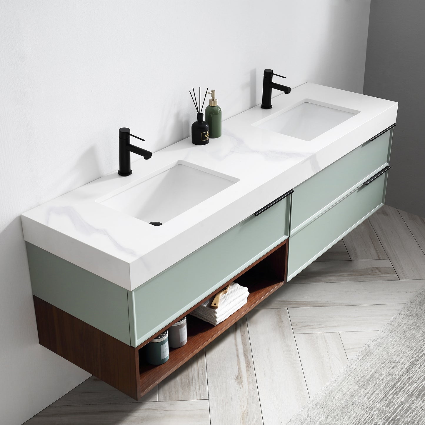 Marfa 72" Wall Mounted Bathroom Vanity with Quartz Top and Cermic Undermount Sinks