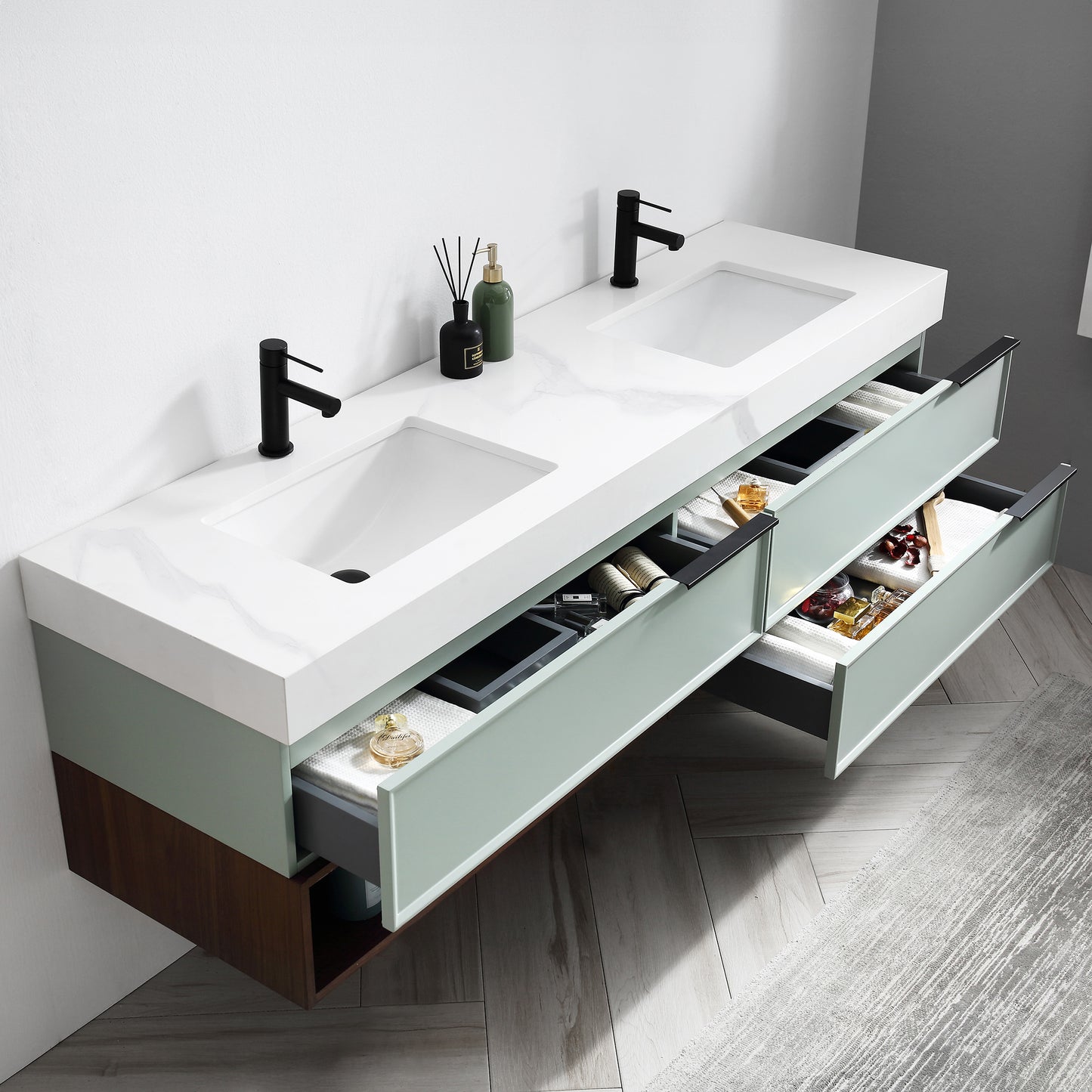 Marfa 72" Wall Mounted Bathroom Vanity with Quartz Top and Cermic Undermount Sinks