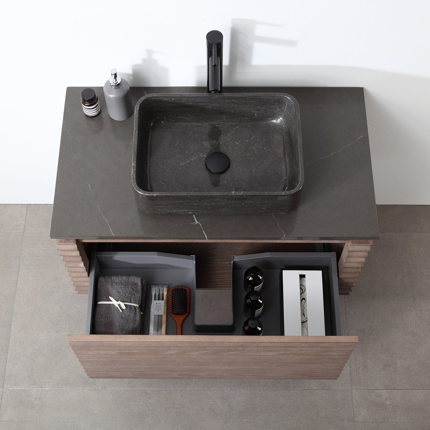 Ocala 36" Wall Mounted Bathroom Vanity with Black Forest Quartz Top and Natural Stone Vessel Sink