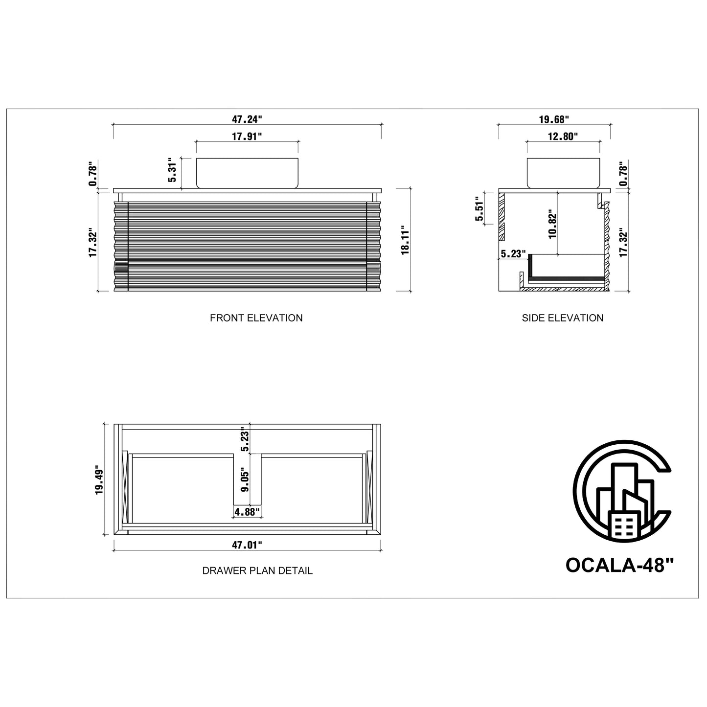 Ocala 48" Wall Mounted Bathroom Vanity with Black Forest Quartz Top and Natural Stone Vessel Sink