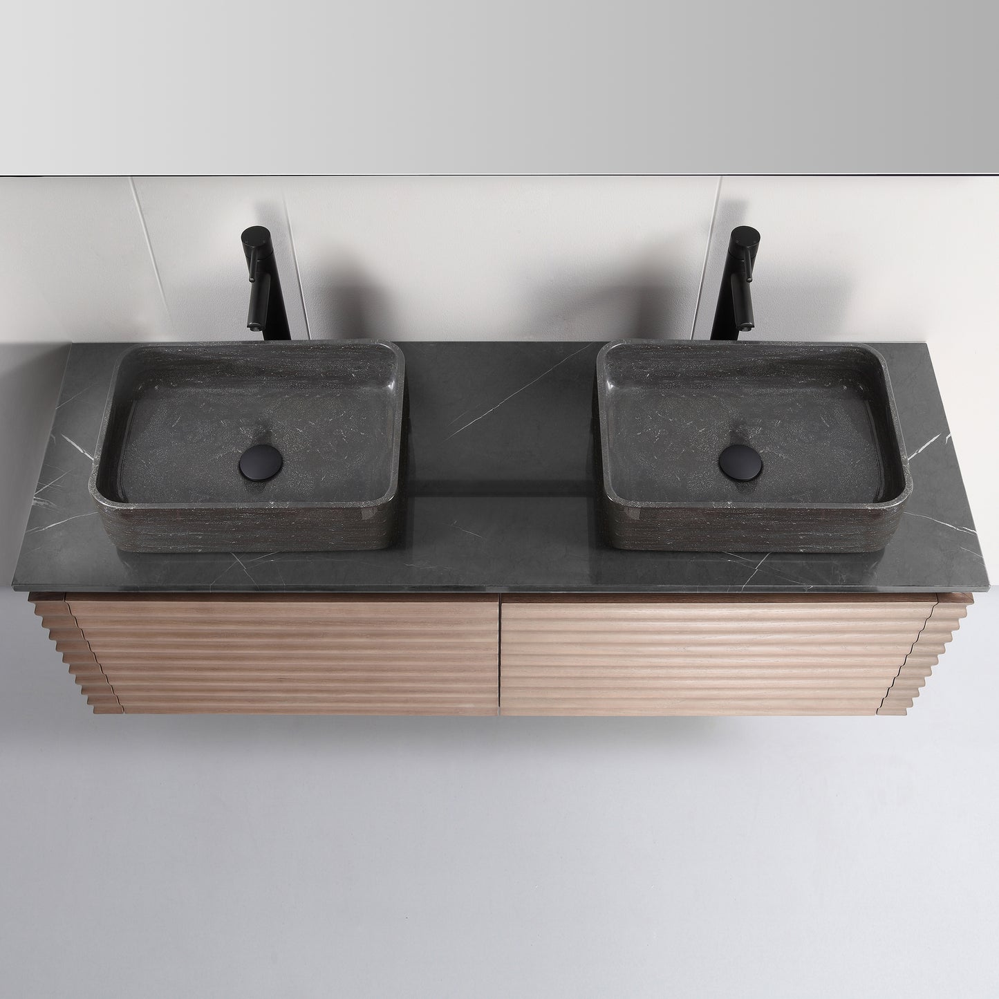 Ocala 60" Wall Mounted Bathroom Vanity with Black Forest Quartz Top and Natural Stone Vessel Sink