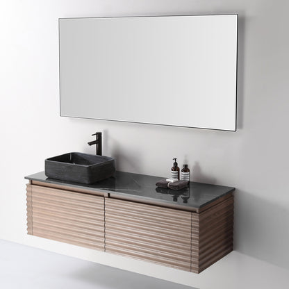 Ocala 60" Wall Mounted Bathroom Vanity with Black Forest Quartz Top and Natural Stone Vessel Sink