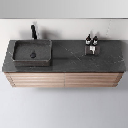 Ocala 60" Wall Mounted Bathroom Vanity with Black Forest Quartz Top and Natural Stone Vessel Sink