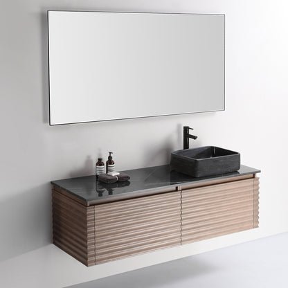 Ocala 60" Wall Mounted Bathroom Vanity with Black Forest Quartz Top and Natural Stone Vessel Sink