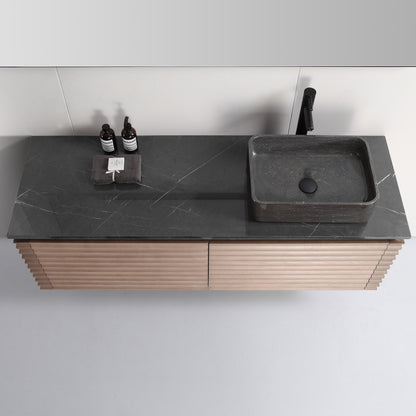 Ocala 60" Wall Mounted Bathroom Vanity with Black Forest Quartz Top and Natural Stone Vessel Sink