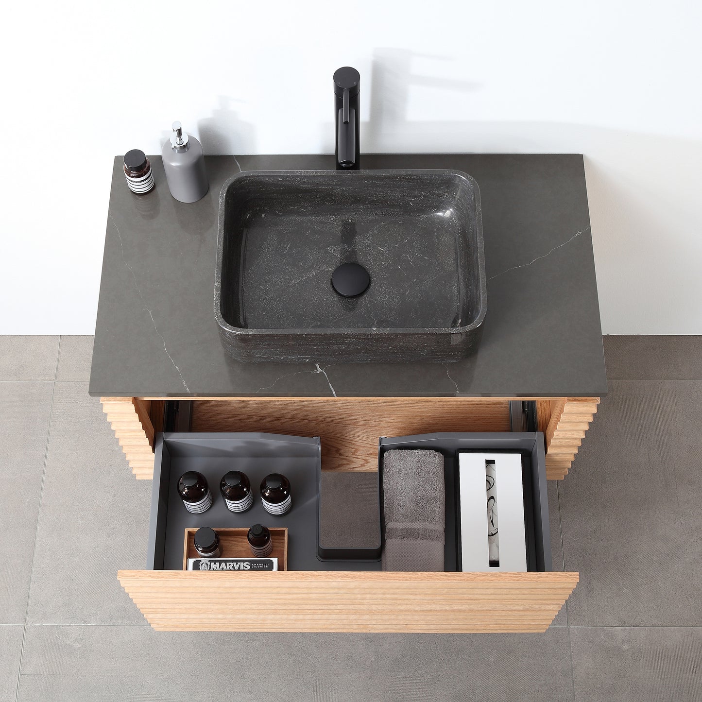 Ocala 36" Wall Mounted Bathroom Vanity with Black Forest Quartz Top and Natural Stone Vessel Sink