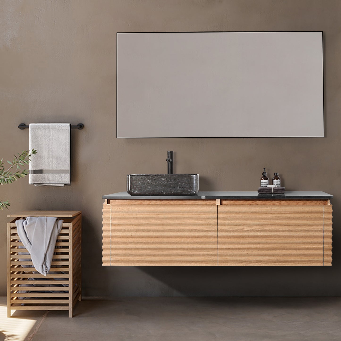 Ocala 60" Wall Mounted Bathroom Vanity with Black Forest Quartz Top and Natural Stone Vessel Sink