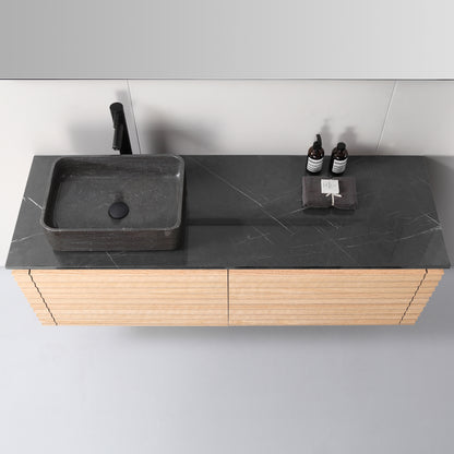 Ocala 60" Wall Mounted Bathroom Vanity with Black Forest Quartz Top and Natural Stone Vessel Sink