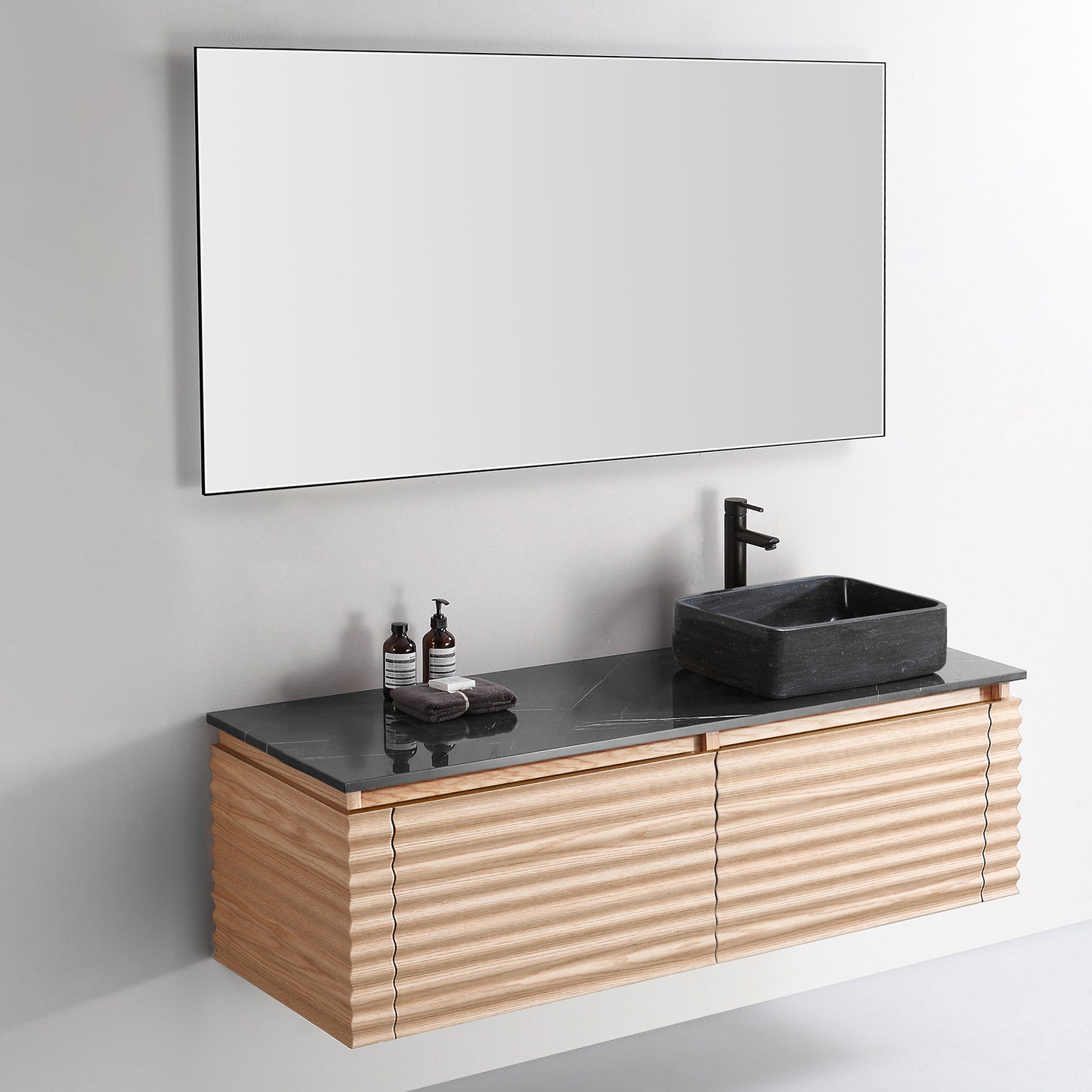 Ocala 60" Wall Mounted Bathroom Vanity with Black Forest Quartz Top and Natural Stone Vessel Sink