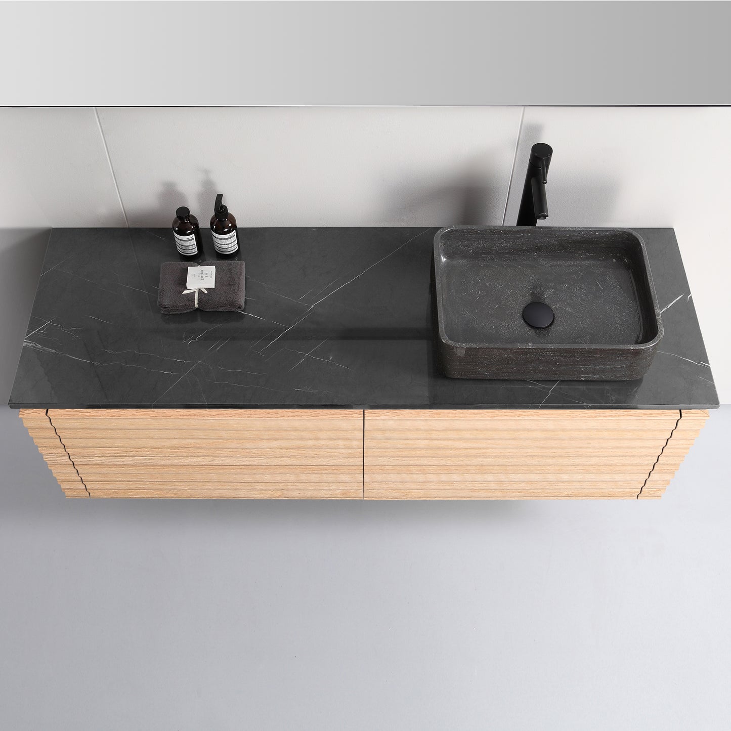 Ocala 60" Wall Mounted Bathroom Vanity with Black Forest Quartz Top and Natural Stone Vessel Sink